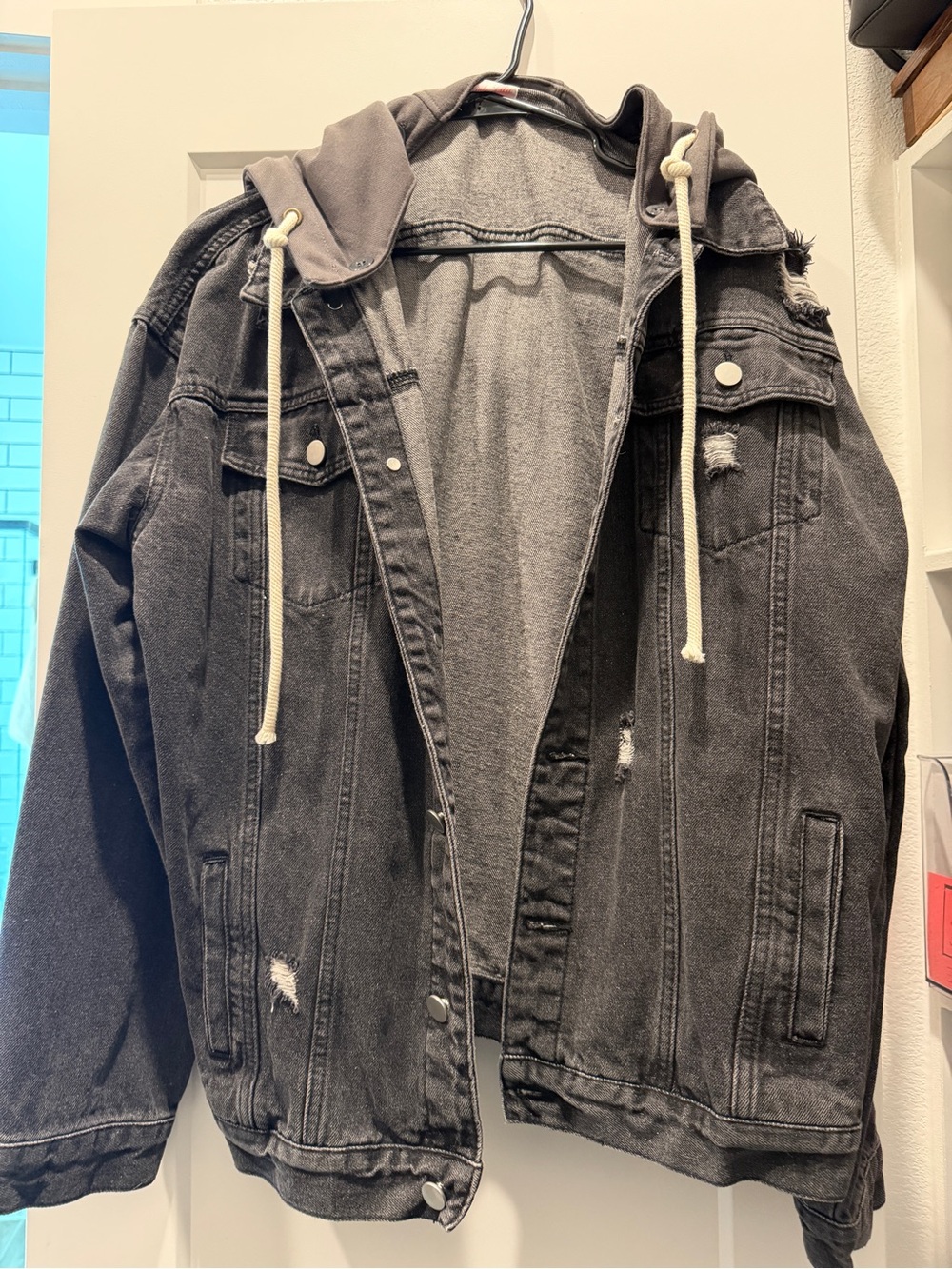 Pink Lily Amber Massey boyfriend fit Black Distressed Hooded Denim Jacket